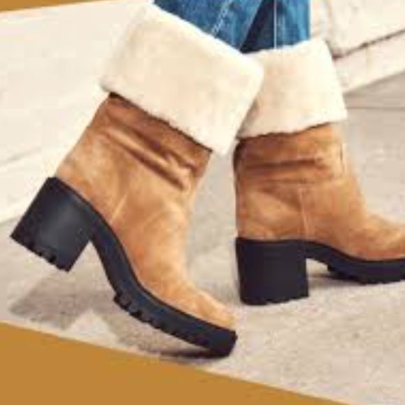 NEW Marc Fisher Sherpa Suede Leather Lug Sole Heel Platform Boot Brown Tan - Picture 2 of 12